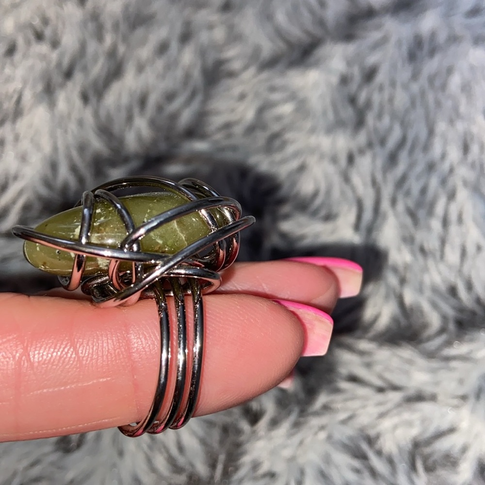 Statement Ring Large Green Stone In Silver Wire S… - image 3